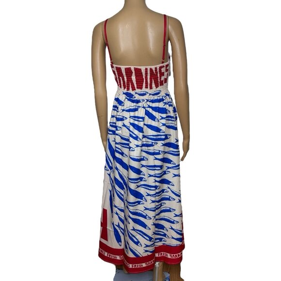Women Fit & Flare Dress Size S Print Sardines Blue Red Square Neck Sleeveless - Picture 3 of 11